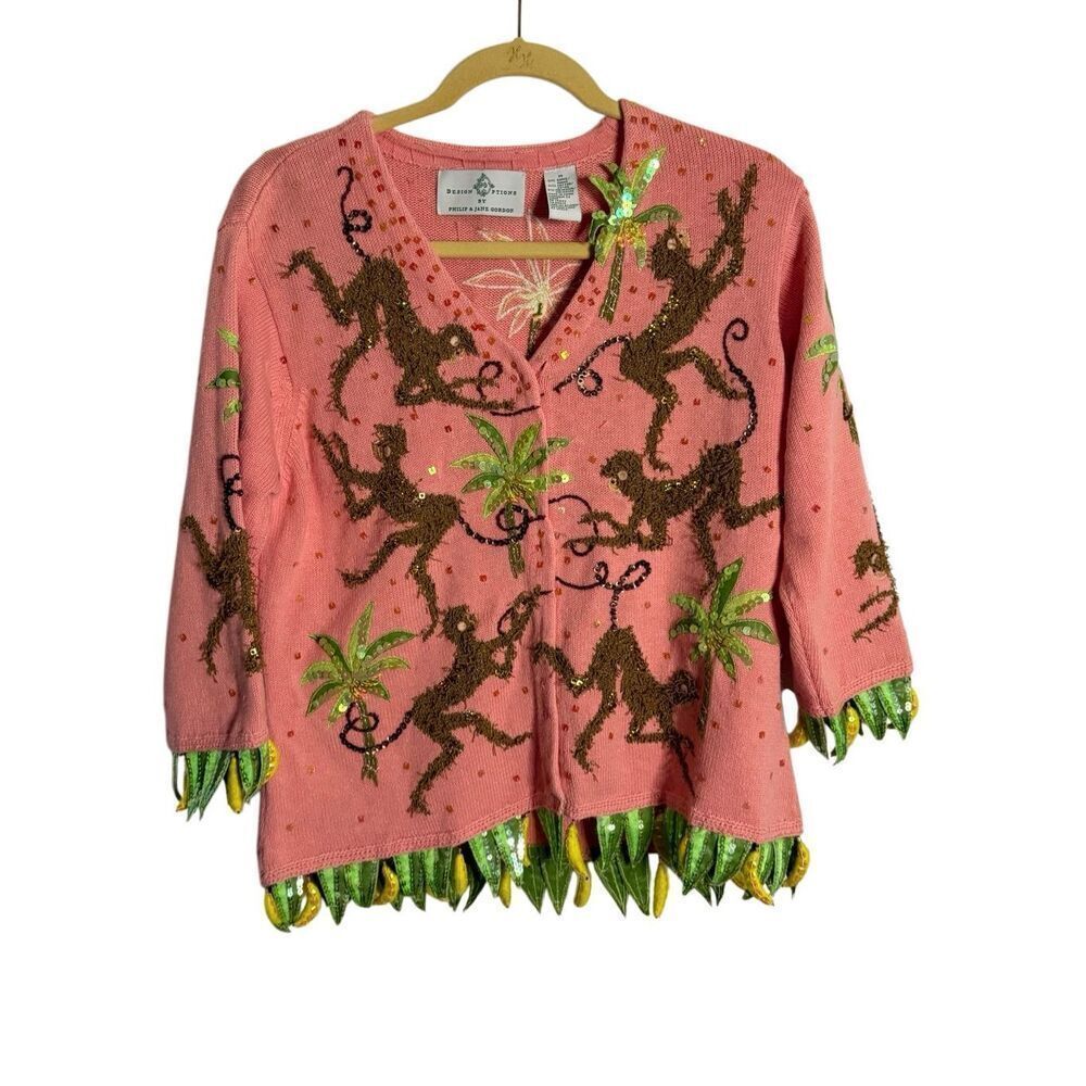 Design Options Embellished Monkey Banana Palm Tree Novelty Embroidered Sweater